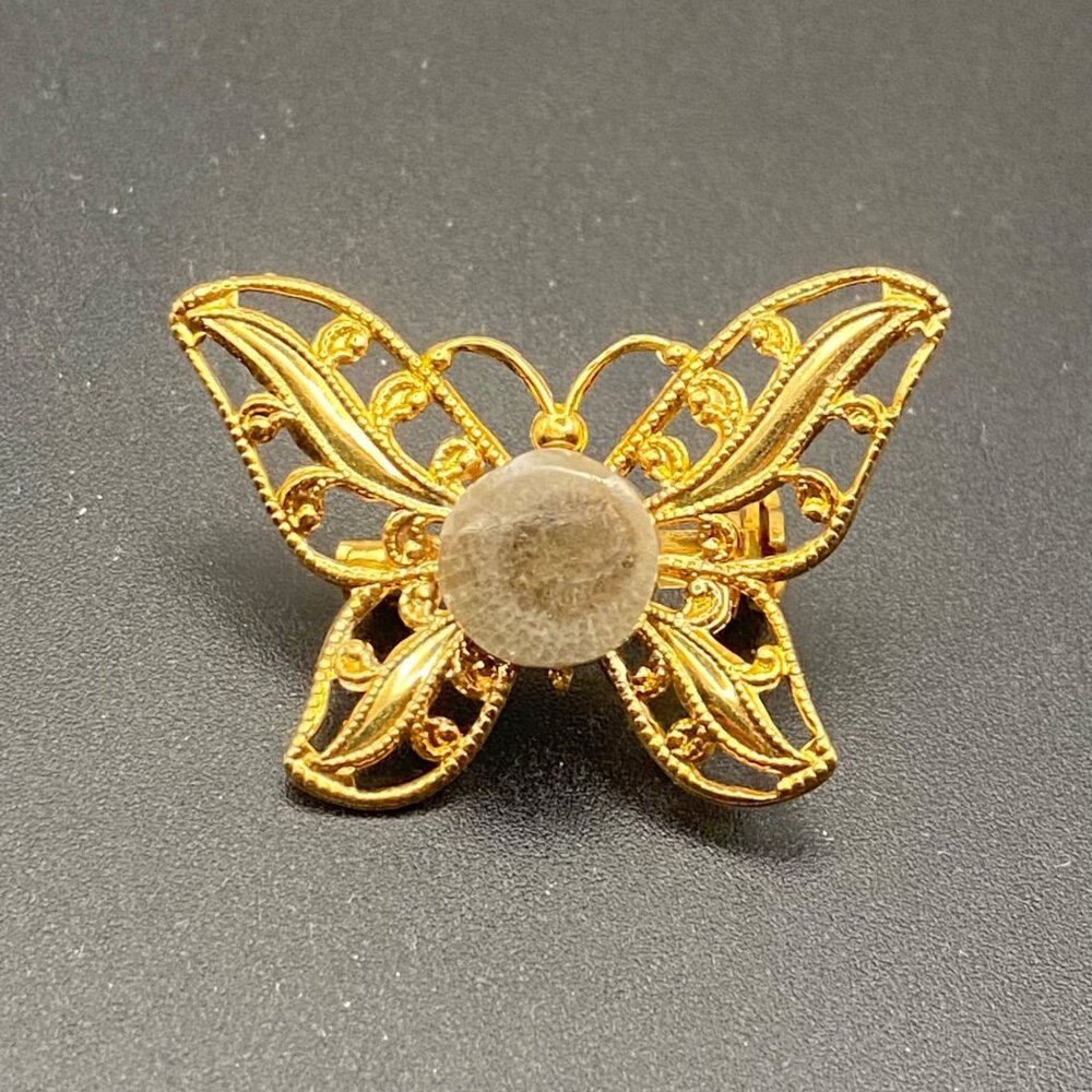 Vtg Petoskey Stone Butterfly Brooch Filigree Gold Tone Pin Box Michigan Fossil - Picture 2 of 10